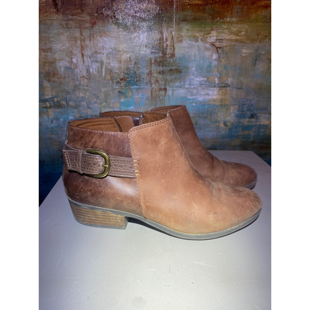 Clarks Brown Leather‎ Ankle Boots Buckle Strap Low Block Heel Womens 8.5